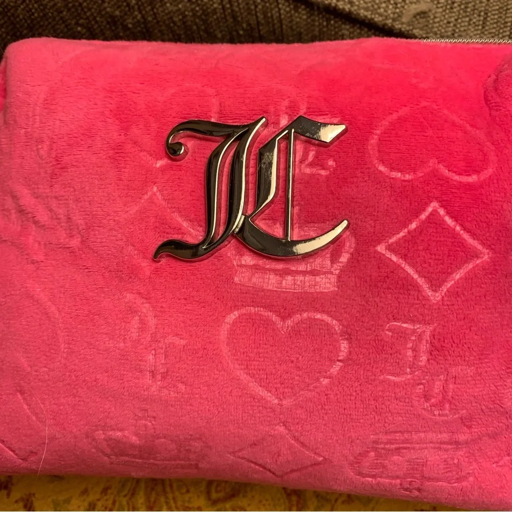Juicy Couture Hot Pink Plush Cosmetic Case with Silver Monogram New With Tags